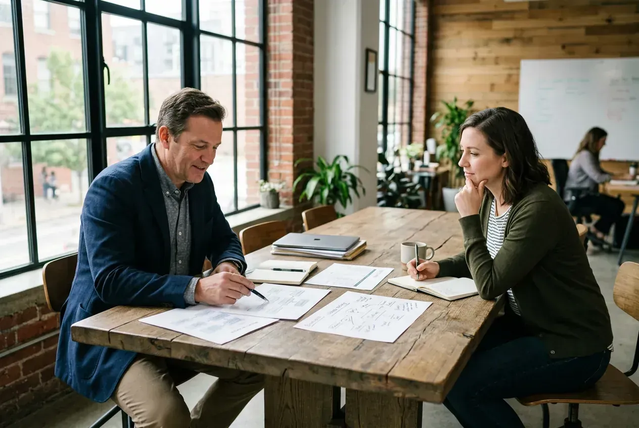 Two people working through printed notes across a table, one listening while the other explains