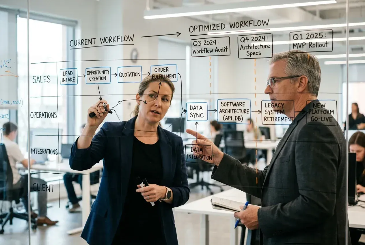 Consultant and business leader evaluating systems architecture and workflow optimization on a glass whiteboard