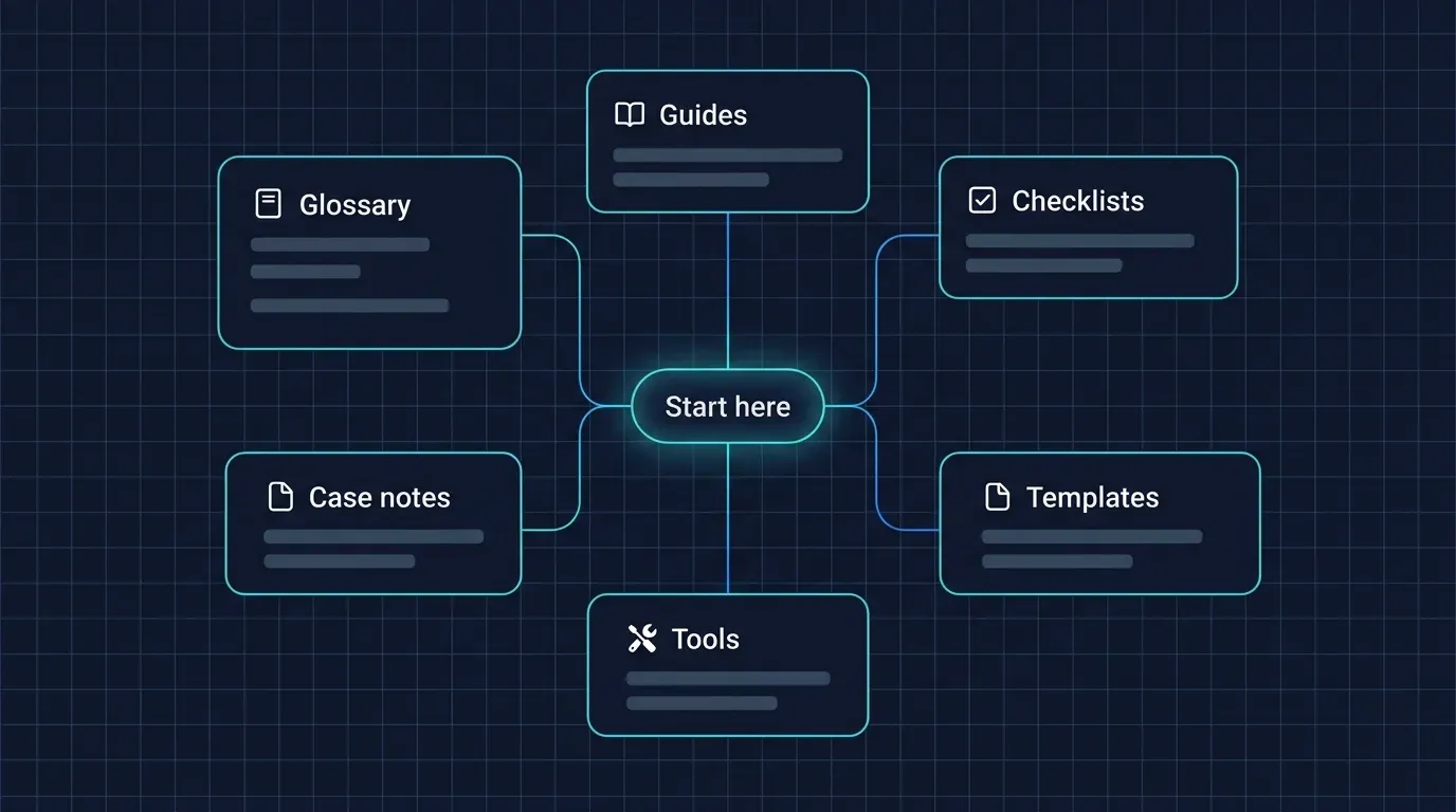 Map of the resource library: Guides, Checklists, Templates, Tools, Case notes and Glossary around a central Start here node