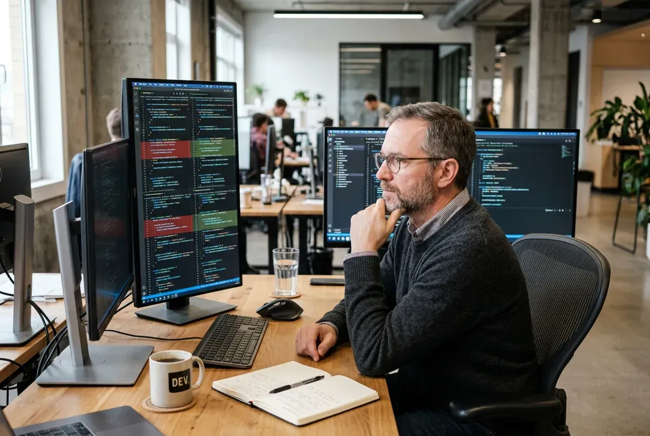 A software engineer reading through code on screen, reviewing rather than typing