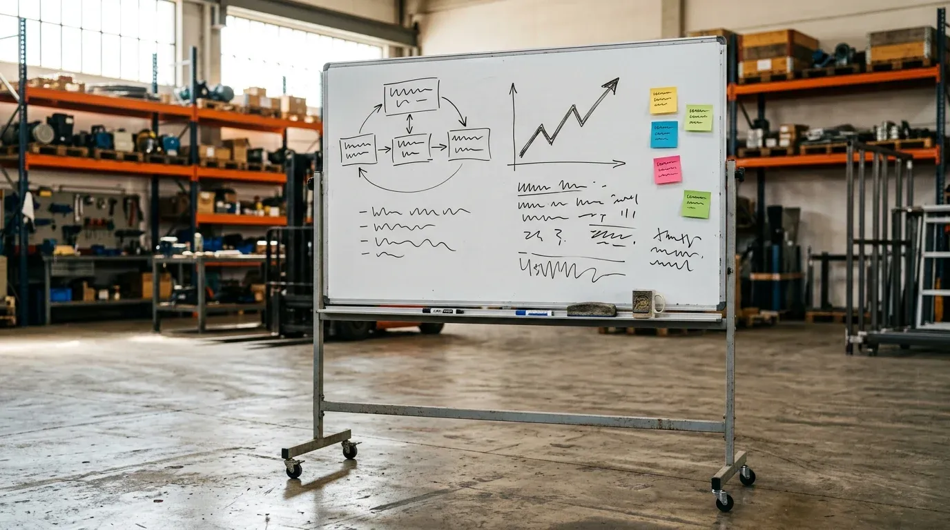 A rolling whiteboard on a warehouse floor carrying a hand-drawn growth plan: linked boxes, an upward chart and sticky notes