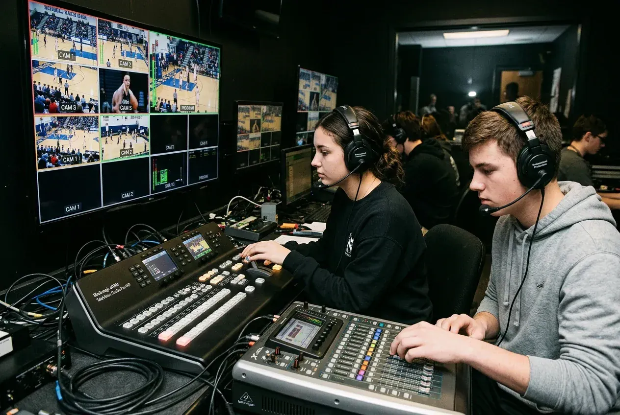 High school students operating broadcast switchers and audio mixers in a media control booth