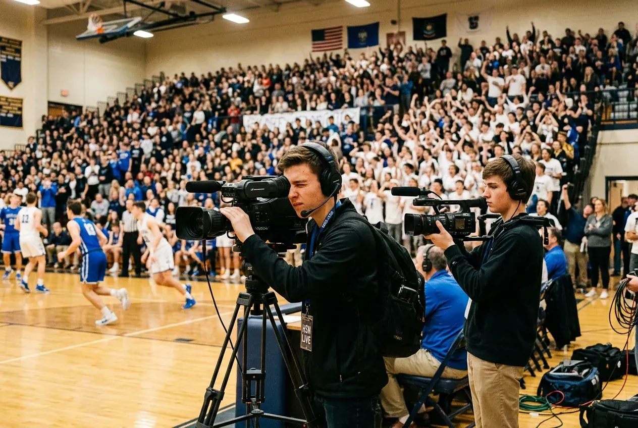 High school student videographers broadcasting a live event to a packed crowd