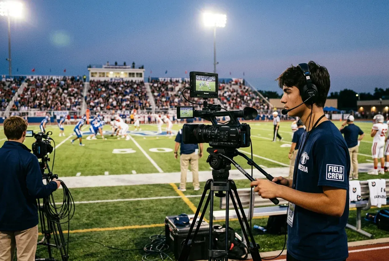 High school student operating a broadcast video camera on a sports sideline