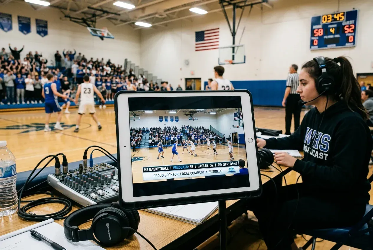 Live high school sports broadcast stream on a tablet showing a local community business sponsor overlay banner