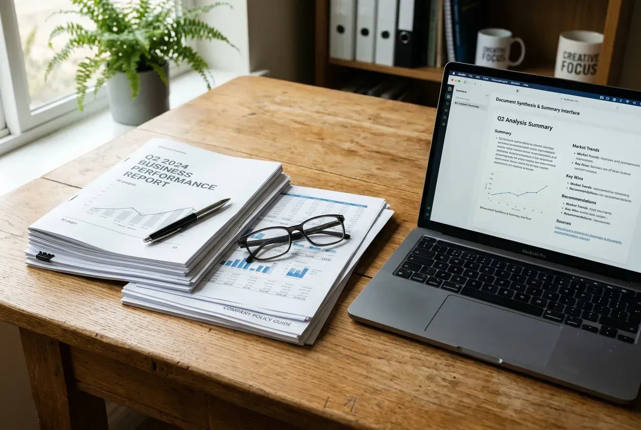 Printed documents beside a laptop screen showing the same material summarized