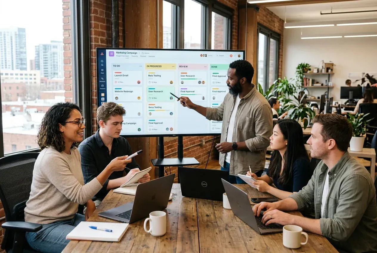 Small business team collaborating around a digital Kanban project management board