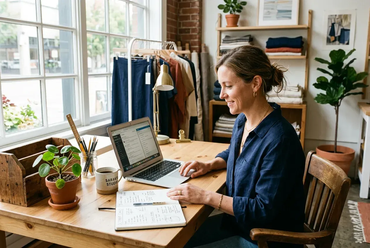 A business owner working at an ordinary desk with several applications open