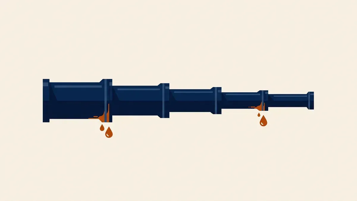 A pipeline of five sections with drops leaking at two of the joints