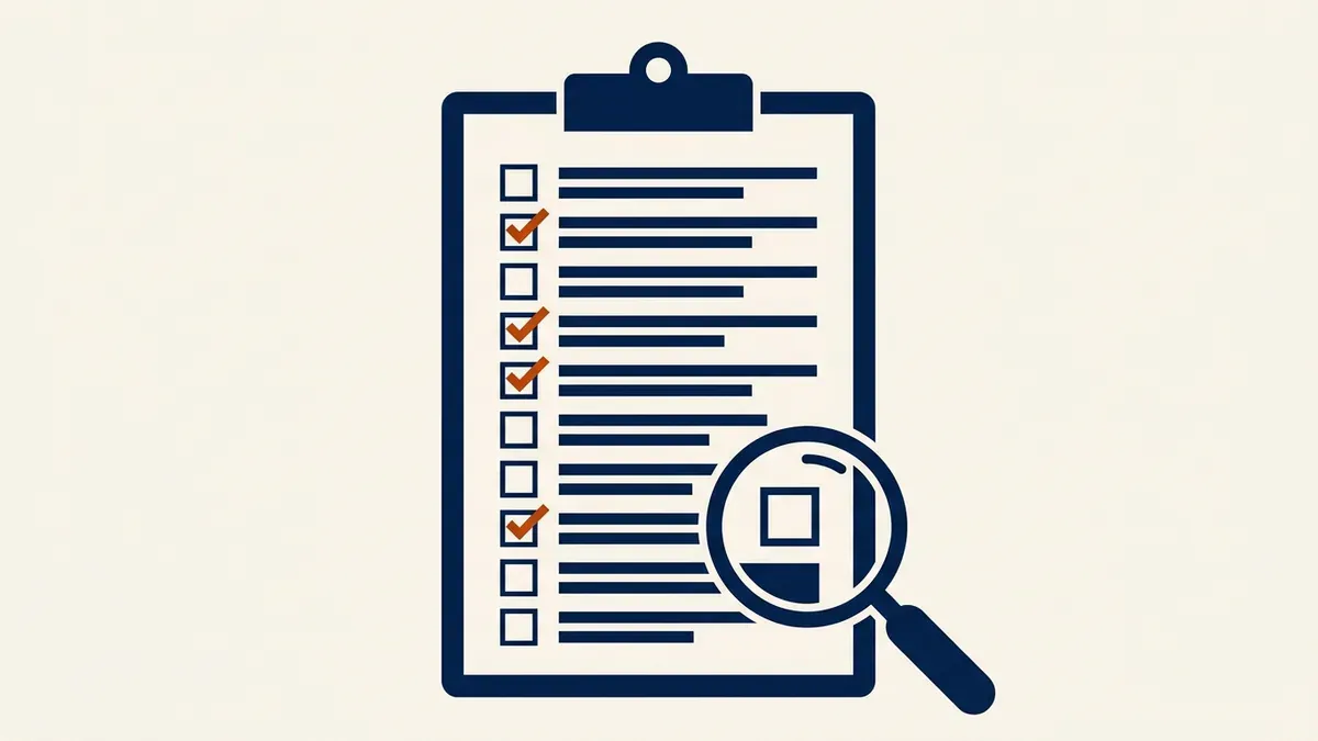 A clipboard checklist with a magnifying glass over the last question