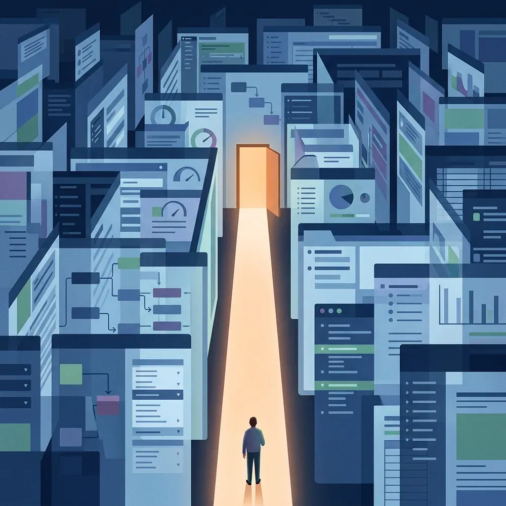 A straight lit path cutting through a maze of enterprise software panels
