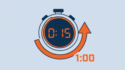 A parking-meter-style timer display showing 0:15 rounding up to 1:00