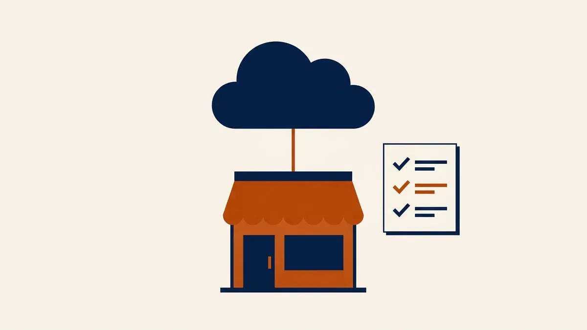 A cloud connected to a small shop with a checklist beside them