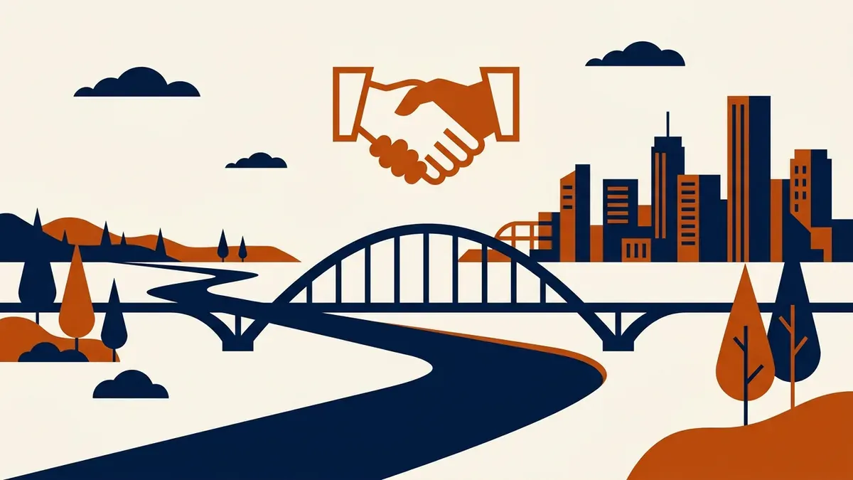 A river city skyline with a bridge and a handshake above the water