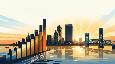 A stylized growth chart rising against Jacksonville's downtown riverfront skyline at sunrise