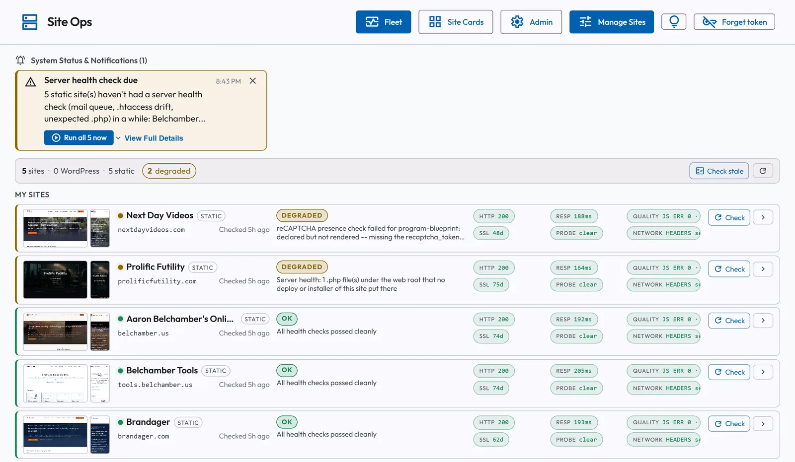Site Ops dashboard listing five websites on one screen, each with a health status, HTTP 200, SSL certificate days remaining and response time in milliseconds. Next Day Videos and Prolific Futility are marked degraded with the reason beside each; the other three are OK.