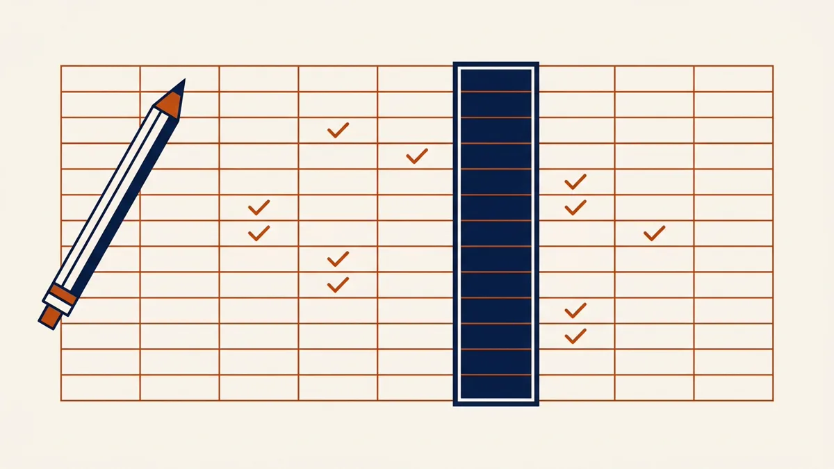 A spreadsheet grid with some cells ticked and a pencil beside it