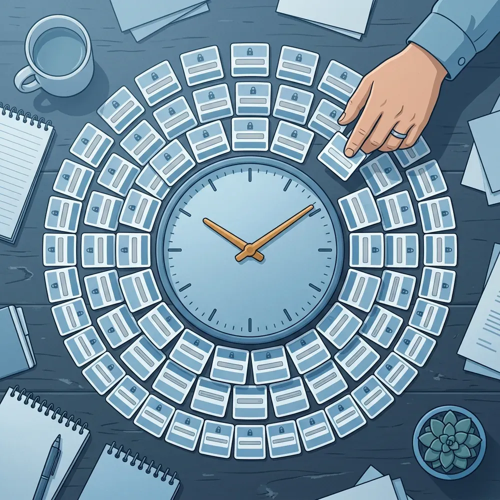Login cards arranged around a clock face on a business owner's desk