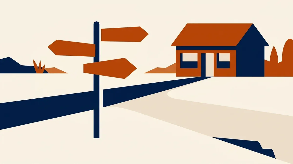 A signpost with several arrows pointing down a road to a small storefront