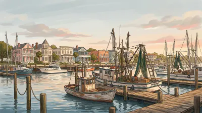 A small boat docked beside a larger one in Fernandina Beach's harbor at golden hour, historic Amelia Island buildings in the background