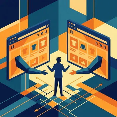A person standing between two storefront websites, each reaching out to the same customer